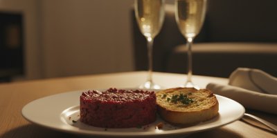 Tatarák na talíři s chlebem