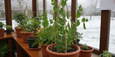 Hrášek a další rostliny v květináčích u okna