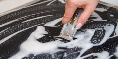 Žena čistí sklokeramickou desku škrabkou