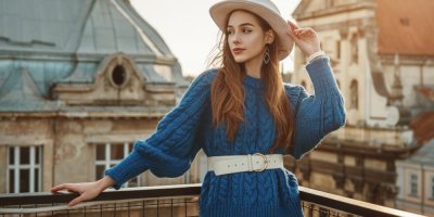 Mladá žena v modrém svetru s bílým páskem