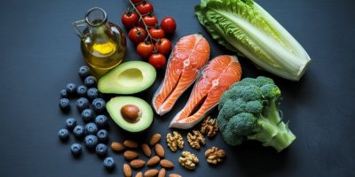 Čerstvá zelenina, ovoce, ořechy, losos a olivový olej