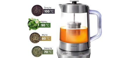 Sencor SWK 1590SS – cca 1 200 Kč Rychlovarná konvice z borosilikátového skla s objemem 1,5 litru. Nabízí šest stupňů nastavení teploty (70 až 100 °C) a díky vyjímatelnému nerezovému sítku ji lze použít i jako čajovar.