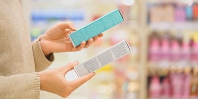 Žena v obchodě drží v rukou kosmetické produkty