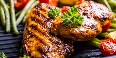 Grilované kuřecí prso na pánvi, cherry rajčata, bylinky a fazolové lusky