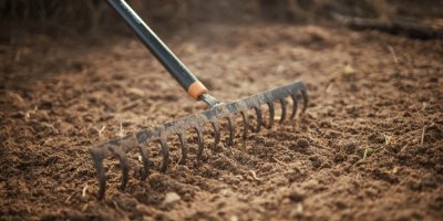 Zahradní hrábě a půda připravená k výsadbě