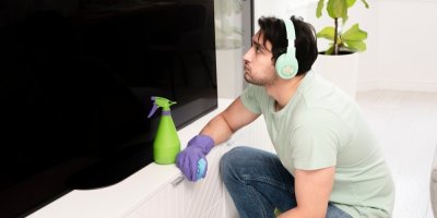 Muž čistí televizi