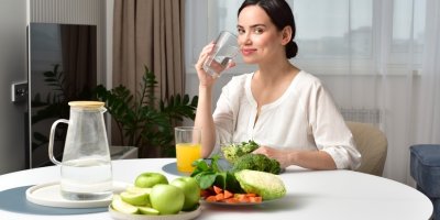 Žena pije vodu u stolu se zeleninou