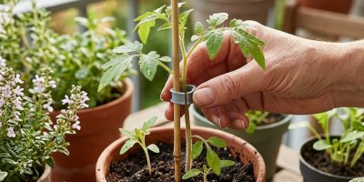 Člověk připevňuje sazenici rajčete k opoře
