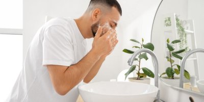 Muž si v koupelně čistí obličej