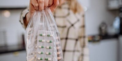 Žena drží v ruce sáček s prošlými léky