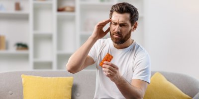 Muž drží v rukou platíčko s léky 