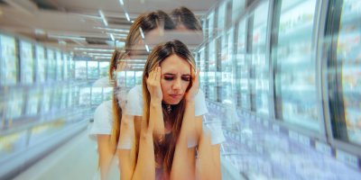 Žena se drží za hlavu v supermarketu