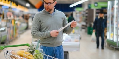 Zákazník v supermarketu drží účtenku a dívá se na zboží v nákupním vozíku