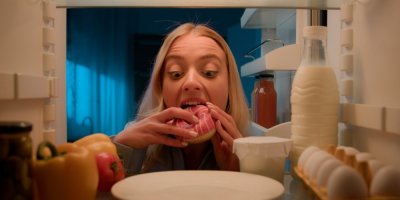Mladá žena ujídá donut z lednice 