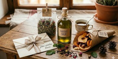 Dopis paní učitelce, bylinkový čaj, mátový sirup a sušené ovoce na dřevěném stole