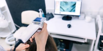 Tricholog provádí vyšetření vlasové pokožky pomocí digitální diagnostiky