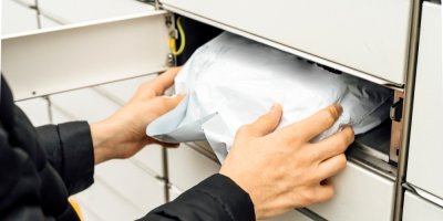 Muž s balíčkem u výdejního boxu