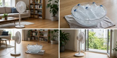 Ventilátor a miska s ledem v bytě