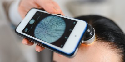 Tricholog vyšetřuje pokožku hlavy pomocí digitálního trichoskopu