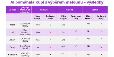 Tabulka správnosti odpovědí umělé inteligence při výběru melounu