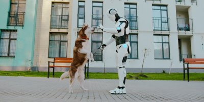 Humanoidní robot si hraje se psem před domem