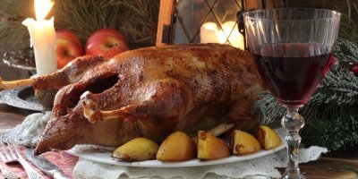 Pečená husa a sklenice vína