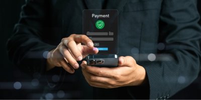 Muž provádí platbu mobilním telefonem