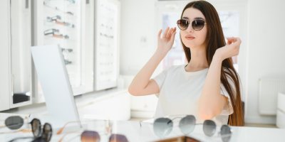 Žena v optice vybírá sluneční brýle
