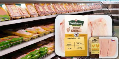 Koláž, kuřecí maso v pozadí s chladícím boxem plným masa v supermarketu 