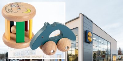 Nebezpečné chrastítko a autíčko, v pozadí prodejna Lidl