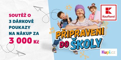 Plakát, na kterém jsou nápisy Soutěž o 3 dárkové poukazy na nákup za 3 000 Kč a Připraveni do školy, logo Kauflandu a Kupi.cz a tři děti