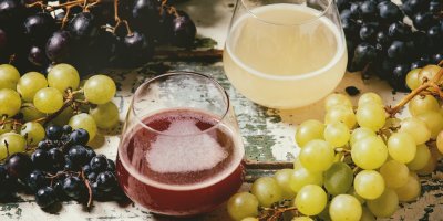 Dvě sklenice s červeným a bílým burčákem mezi trsy hroznového vína