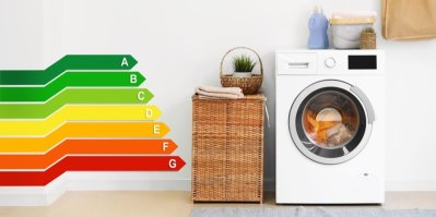 Pračka, na níž leží graf zobrazující všechny energetické třídy spotřebiče