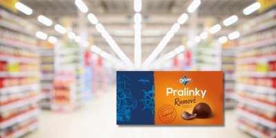 Koláž výrobku rumové pralinky a supermarket