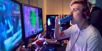 Teenager hraje počítačovou hru a pije energy nápoj