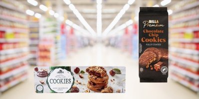 Obrázky stažených výrobků – sušenky ALBERT Cookies nougatelli a Billa Premium Chocolate Chip Cookies