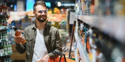 Muž nakupuje alkohol v supermarketu