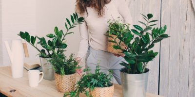 Mladá žena kontroluje pokojové rostliny