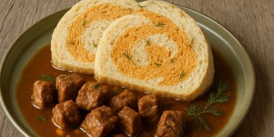 Dvoubarevný knedlík s omáčkou a masem