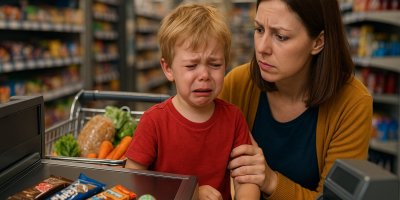 Dítě pláče v supermarketu u pokladny, matka jej uklidňuje