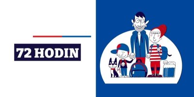 Nápis 72 hodin a obrázek rodiny se zavazadly
