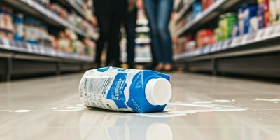 Rozlité krabicové mléko na podlaze supermarketu