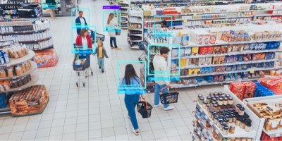 Lidé nakupují v supermarketu, kamerové záběry detekují osoby