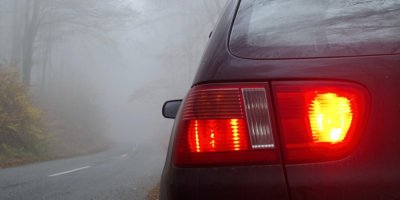 Auto se zapnutými zadními světly v zamlženém lese