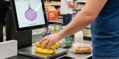 Muž u samoobslužné pokladny váží banány jako cibuli