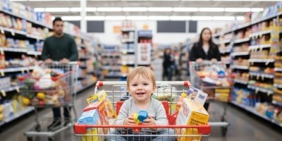 Dítě v nákupním vozíku v supermarketu