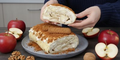 Roláda na talíři a v ženských rukou, čerstvá jablka, vlašské ořechy