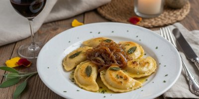 Husí ravioly s karamelizovanou cibulkou a šalvějovým máslem aneb Když vám zbyde maso z husy a nevíte, co s ním