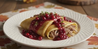 Slané palačinky s husím masem, brusinkovým krémem a portským vínem