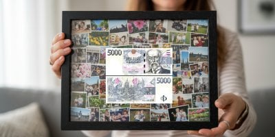 Žena drží v rukou zarámované fotografie a dvě pětitisícové české bankovky